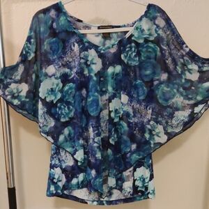 Susan Lawrence Blue Floral Print Layered Blouse Mesh Stretchy Size L
